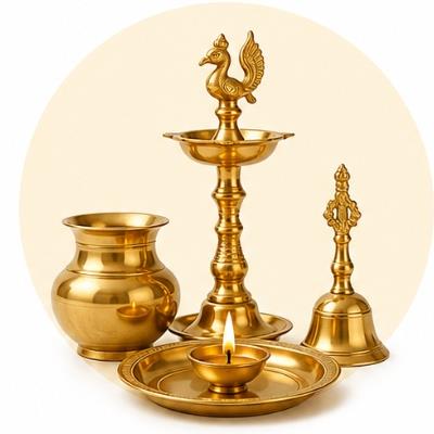 Auspicious Brass Diyas, Bells, and Pooja Plates